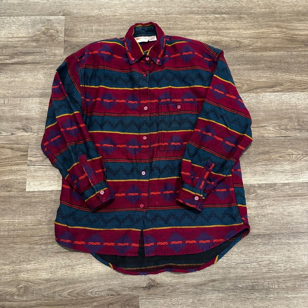 Cristina Vintage Southwestern Cotton Flannel Shirt Burgundy Teal Geometric Med